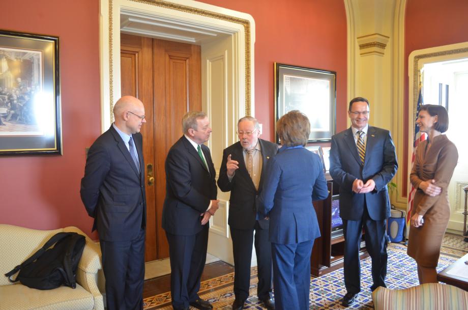 U.S, Senator Dick Durbin (D-IL) welcomed the Former President of Lithuania Vytautas Landsbergis to his office to discuss Ukraine and Lithania relations. House Minority Leader Nancy Pelosi (D-CA) joined the meeting as well.    